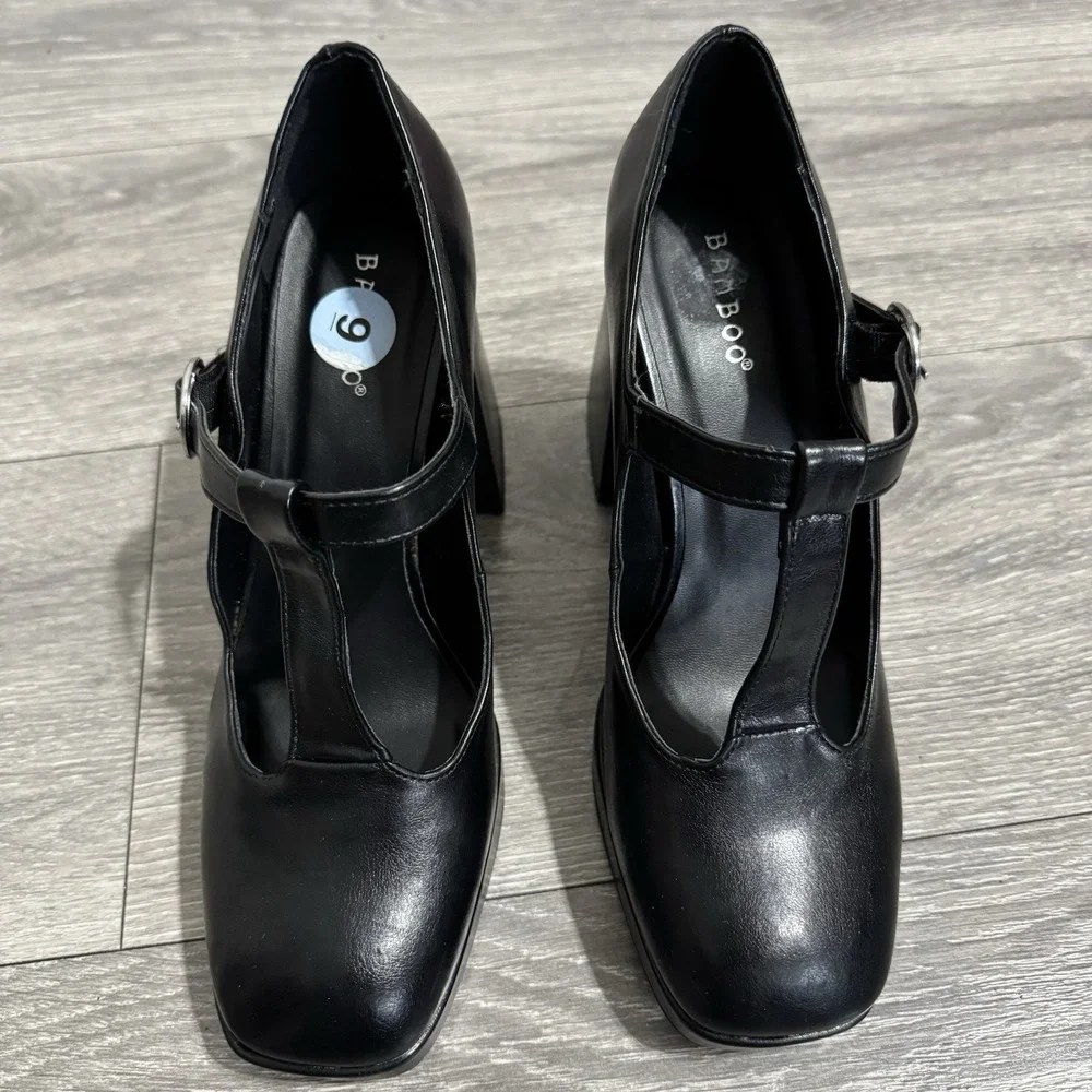 BAMBOO Black Academia Platform Mary Jane Pumps Chucky‎ Heel 9 Faux Leather Y2K